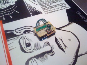 The ShakyPOV "shield" mounted on the Arduino.
